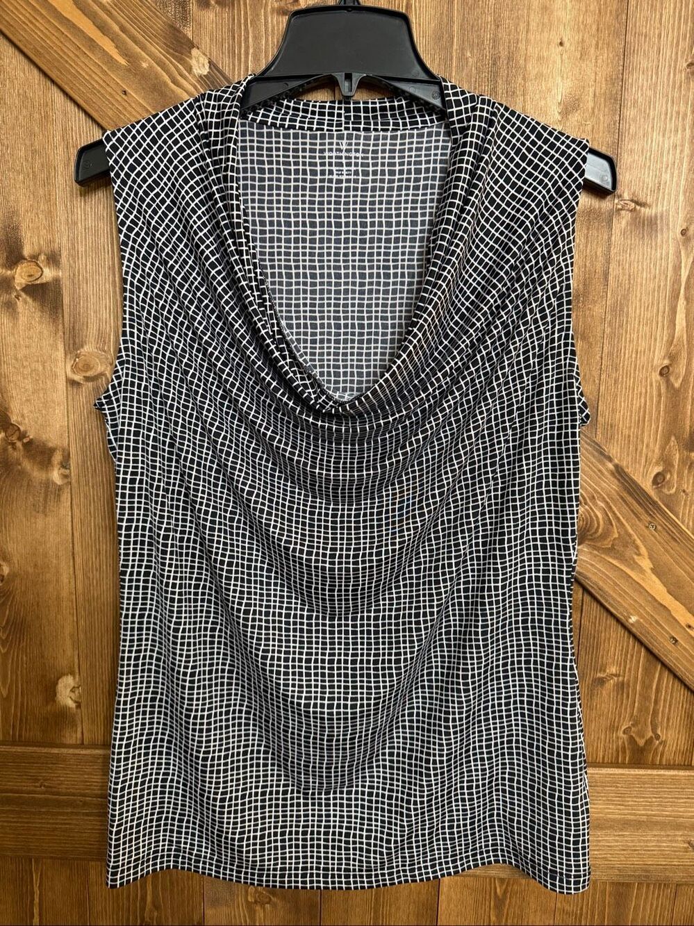 Worthington Women’s Large Black White Grid Print Cowl Neck Sleeveless Top(9353)